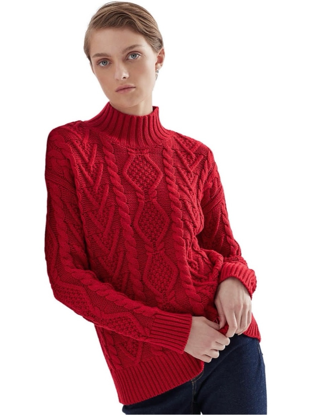 Lauren Ralph Lauren Mock Neck/Roll Neck Cable Knit Sweater Lipstick Red Size S
